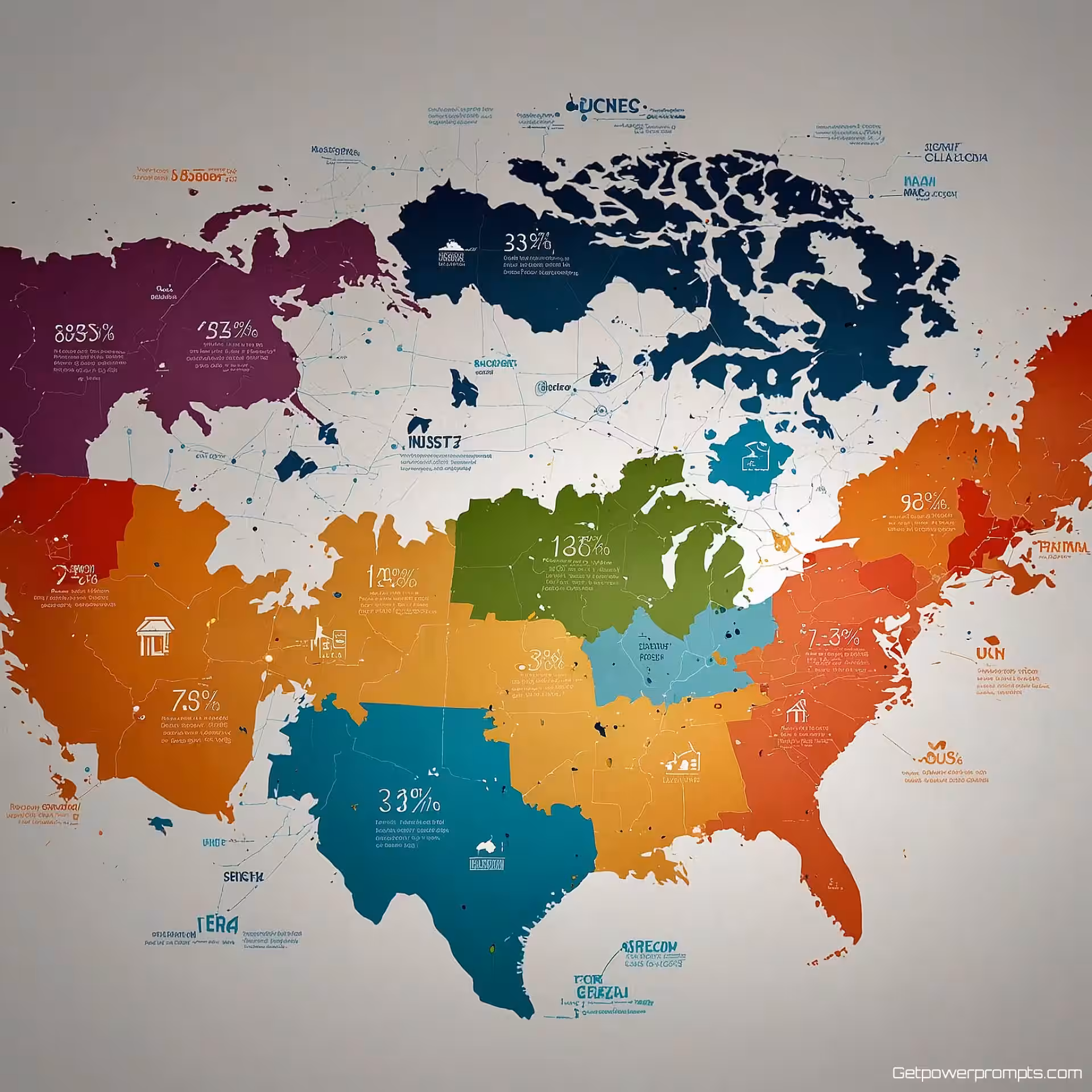 Regionale marktanalyse, geografische infographic ontwerp, zakelijk modern esthetiek, gecentreerde compositie lay-out, levendige accentkleuren schema, kaartvisualisatie, regionale gegevenspunten, professionele cartografie, effen gekleurde achtergrond achtergrond, zakelijke sfeer sfeer