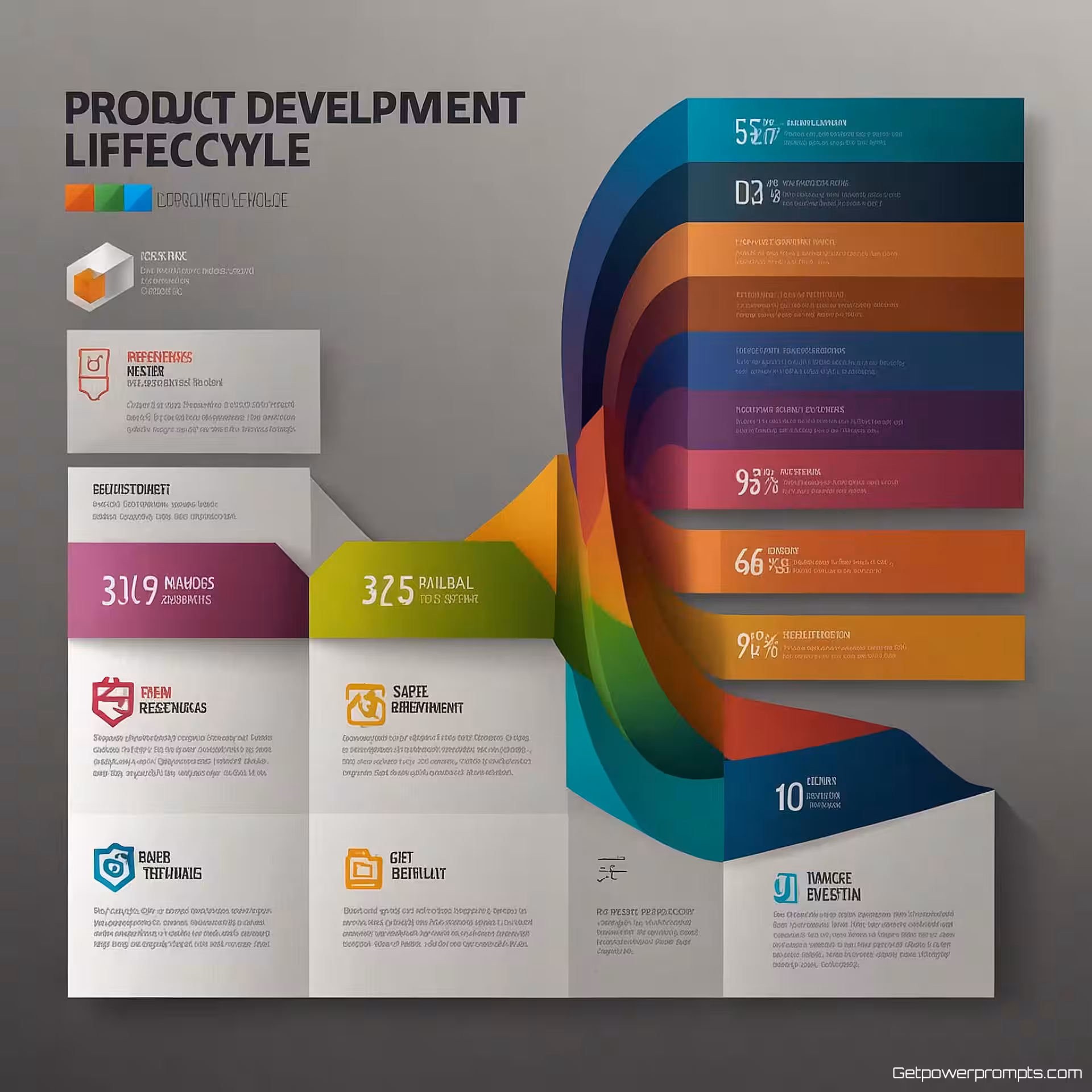 Productontwikkelingslevenscyclus, infographic ontwerp, professioneel zakelijk stijl, stap-voor-stap proces lay-out, kleurrijk verloop, schone typografie, data visualisatie, professionele presentatie, subtiel patroon achtergrond
