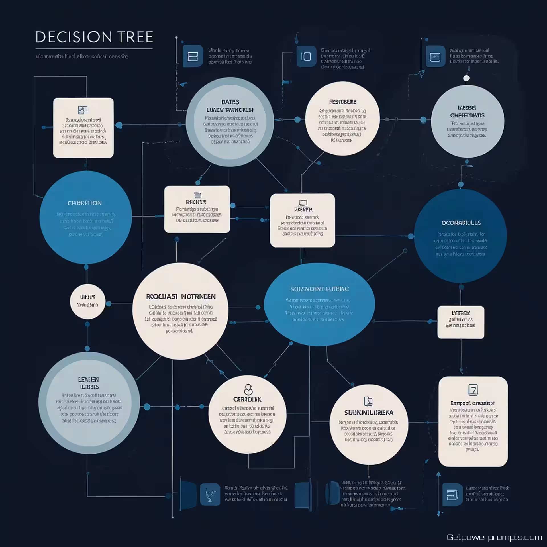 Beslissingsboom, stroomschema infographic ontwerp, zakelijk esthetiek, cirkelvormige rangschikking lay-out, zakelijk blauw schema, procesvisualisatie, verbindingslijnen en pijlen, beslispunten, professionele gegevensstroom, patroon achtergrond, professioneel atmosfeer