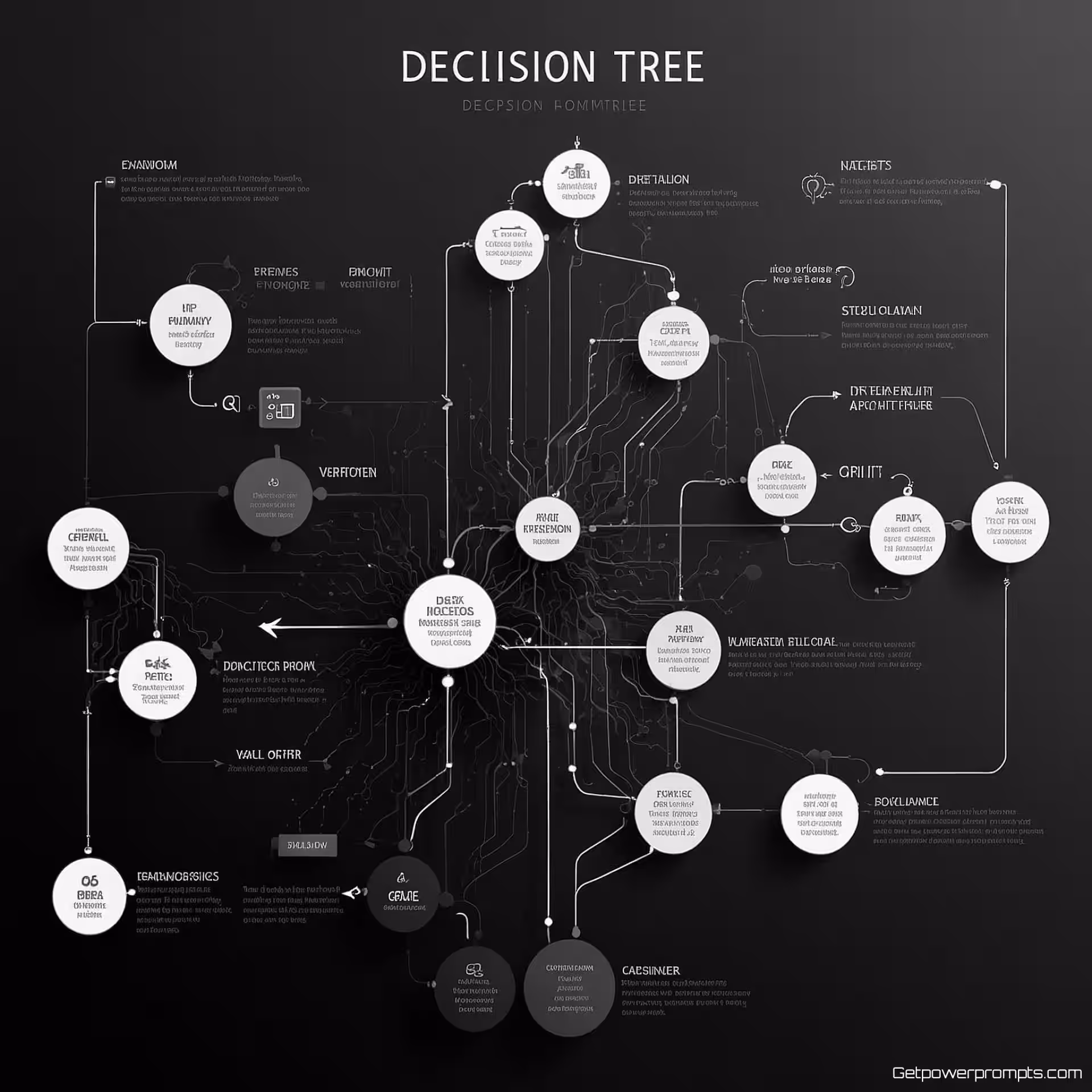 Beslissingsboom, stroomschema infographic ontwerp, zakelijk esthetiek, verticale flow lay-out, monochroom schema, procesvisualisatie, verbindingslijnen en pijlen, beslispunten, professionele gegevensstroom, gradient achtergrond, professioneel atmosfeer