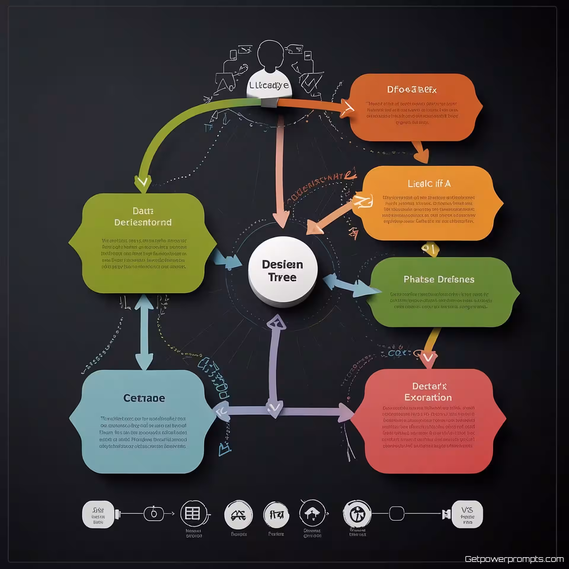 Beslissingsboom, stroomschema infographic ontwerp, modern esthetiek, cirkelvormige rangschikking lay-out, monochroom schema, procesvisualisatie, verbindingslijnen en pijlen, beslispunten, professionele gegevensstroom, gradient achtergrond, professioneel atmosfeer