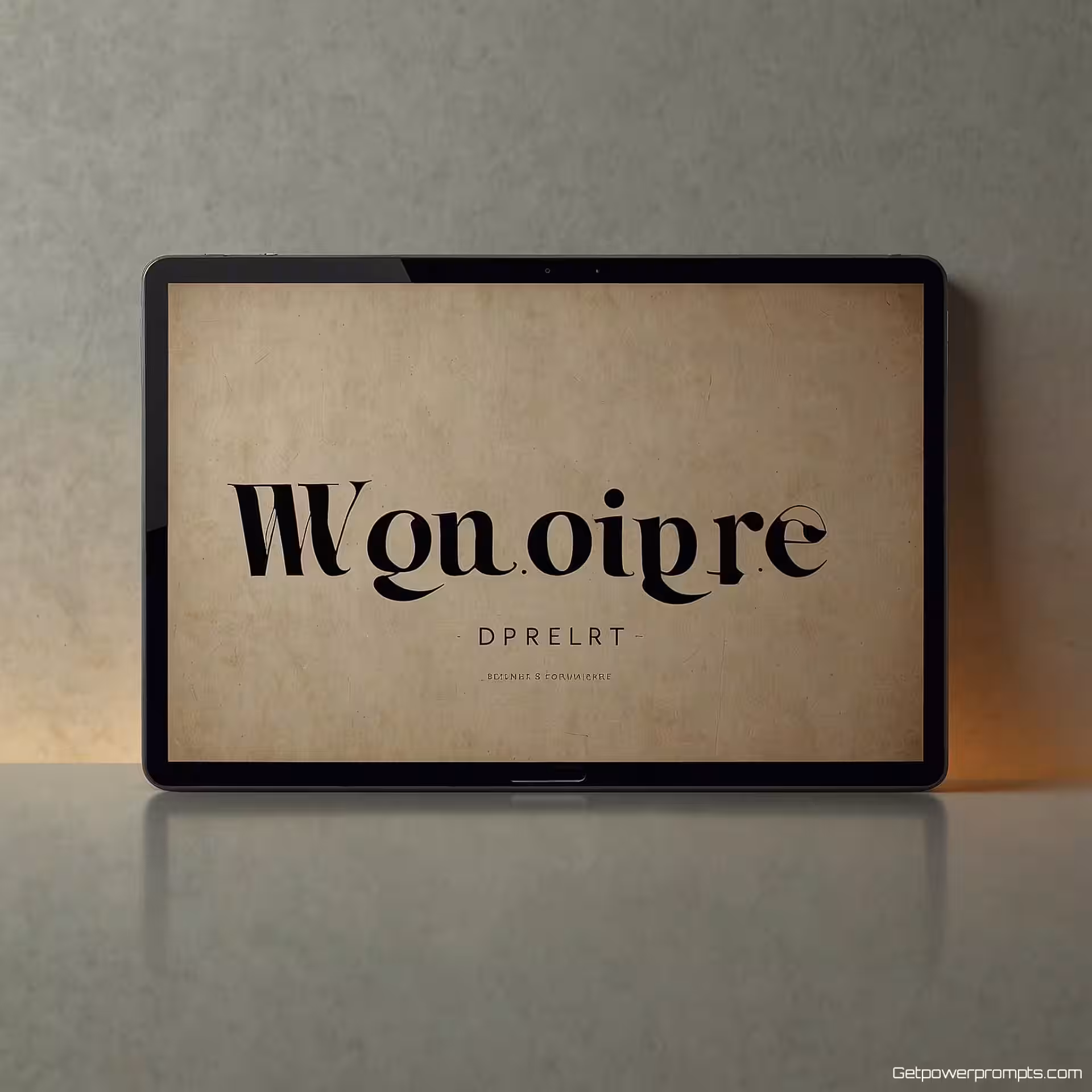 Vintage typografie logo, digitale interface mockup, tablet scherm scherm, minimalistische interface UI-ontwerp, kantoortafel achtergrond achtergrond, professionele branding presentatie, schoon digitaal oppervlak, realistische schermreflectie, gecentreerde compositie, scherpe focus, moderne technologie showcase