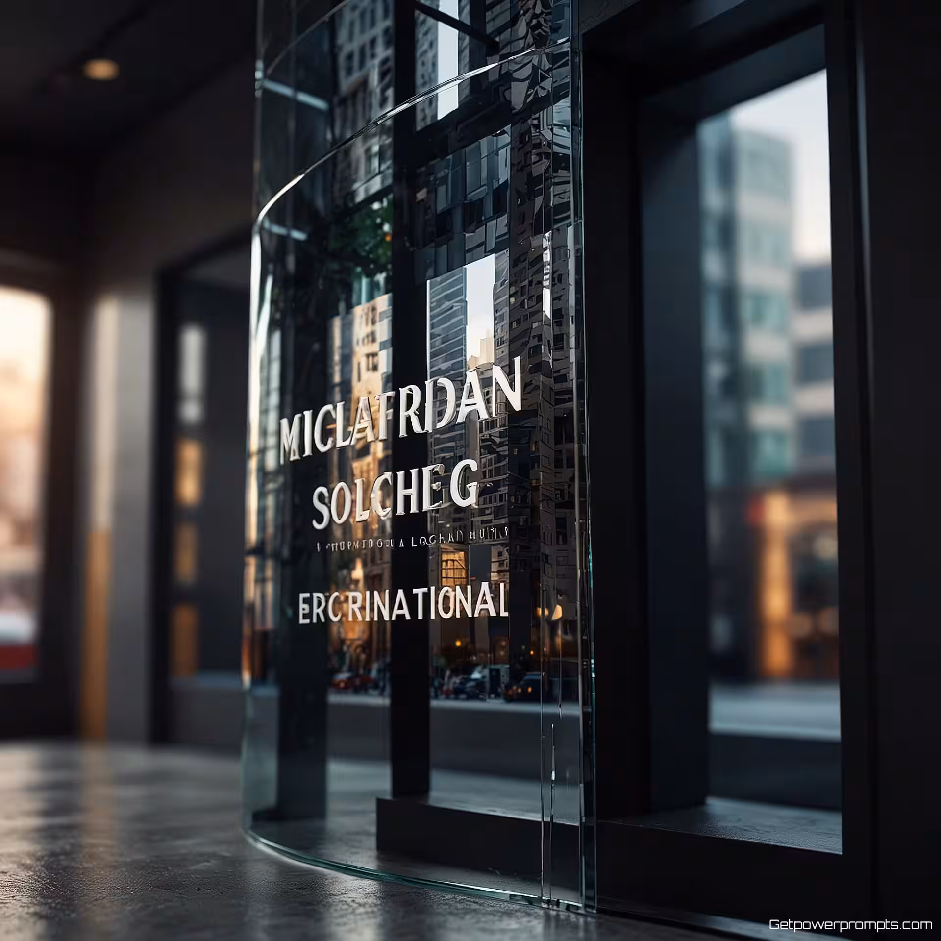 Bedrijfsnaam typografie logo, glasoppervlak reflectie, stedelijke stadsgezicht achtergrond achtergrond, professionele studio verlichting verlichting, matige reflectie reflectie-effect, professionele branding presentatie, schone glastextuur, realistische refractie, studiokwaliteit, scherpe focus, gecentreerde compositie