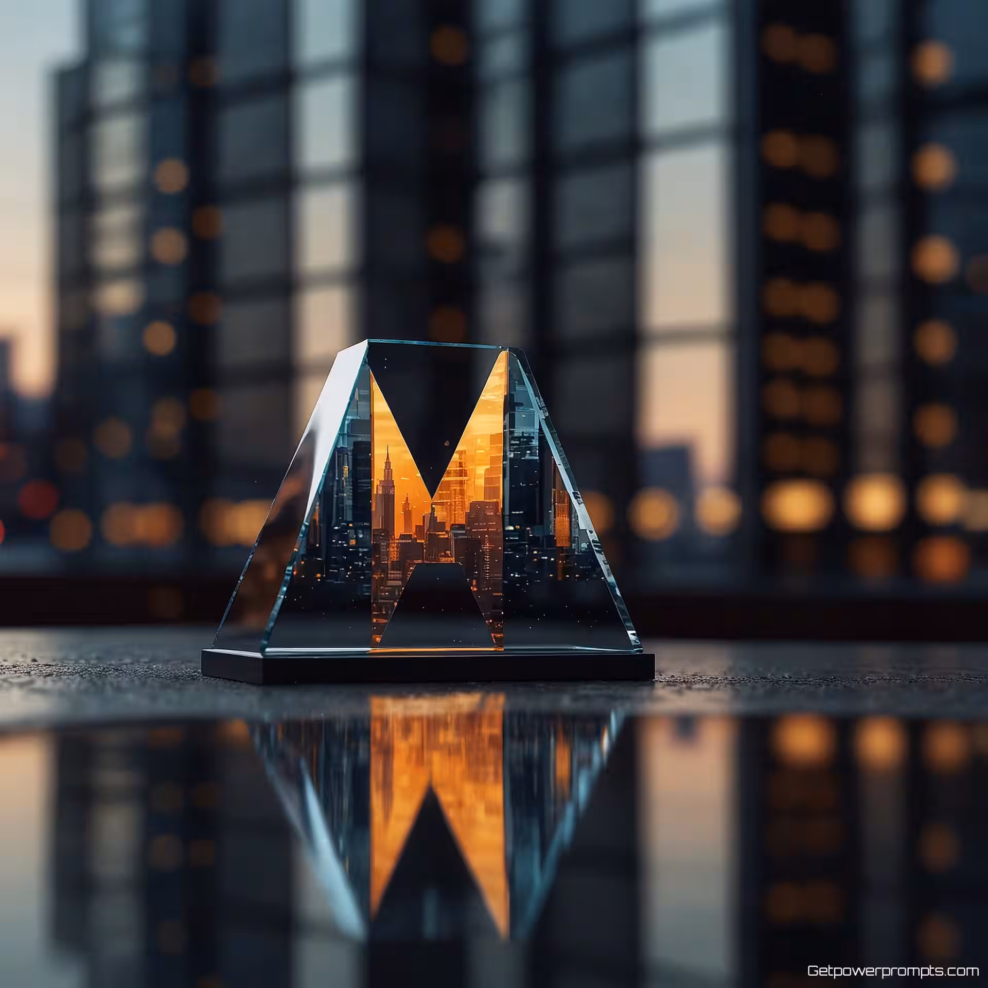 Minimalistisch geometrisch logo, glasoppervlak reflectie, stedelijke stadsgezicht achtergrond achtergrond, professionele studio verlichting verlichting, matige reflectie reflectie-effect, professionele branding presentatie, schone glastextuur, realistische refractie, studiokwaliteit, scherpe focus, gecentreerde compositie