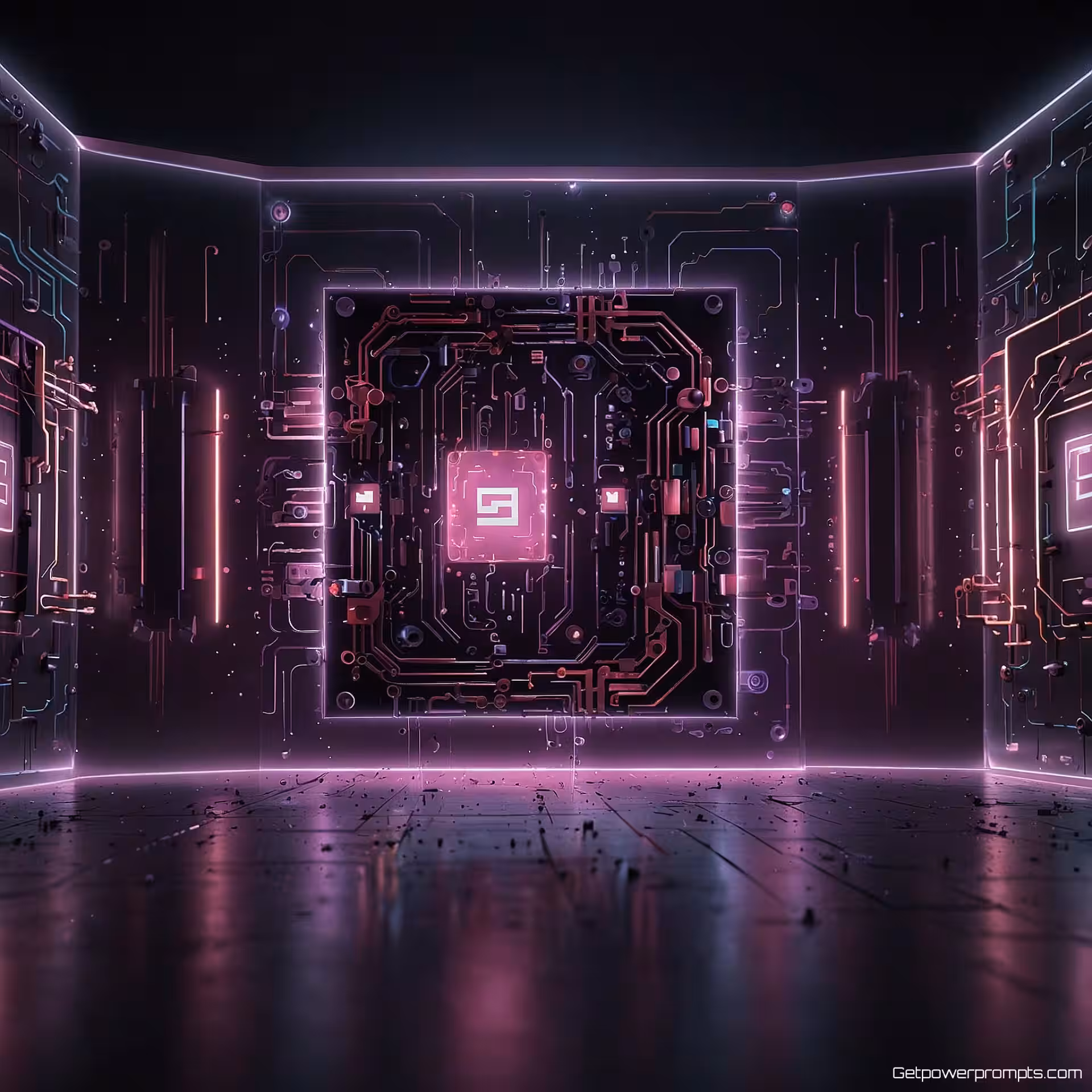 Printplaat geïnspireerd logo, holografische projectie, futuristische kamer achtergrond, dramatische verlichting verlichting, paars en roze gloed, zwevend 3D-effect, transparante lichtstralen, futuristische technologiepresentatie, professionele brandingvisualisatie, gecentreerde compositie, scherpe focus, digitale sfeer