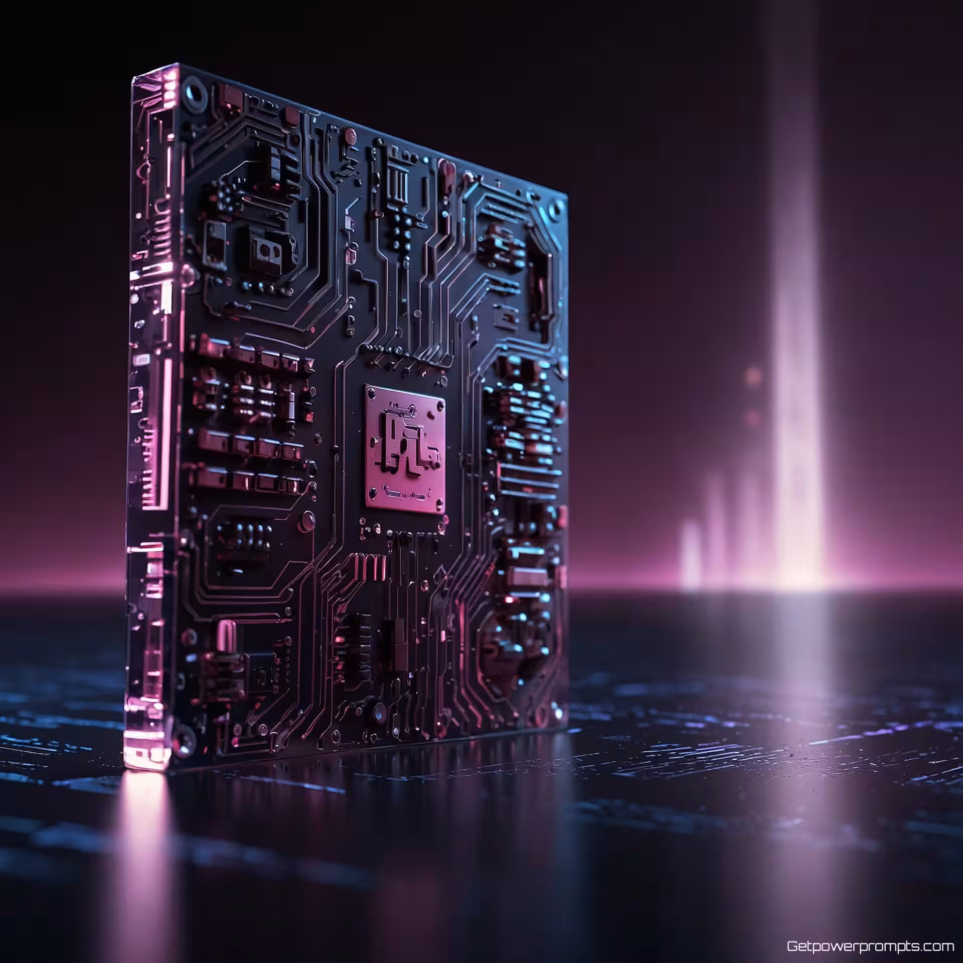 Printplaat geïnspireerd logo, holografische projectie, technologie conferentie achtergrond, spotlight effect verlichting, paars en roze gloed, zwevend 3D-effect, transparante lichtstralen, futuristische technologiepresentatie, professionele brandingvisualisatie, gecentreerde compositie, scherpe focus, digitale sfeer