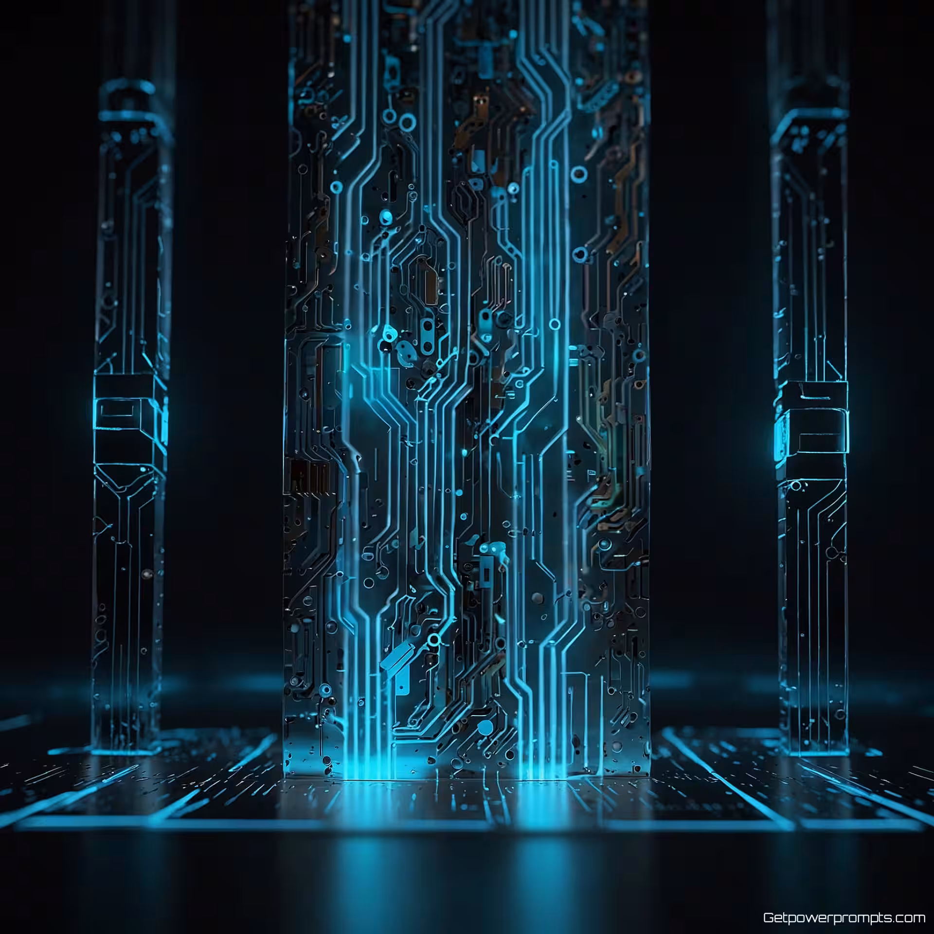 Printplaat geïnspireerd logo, holografische projectie, technologie conferentie achtergrond, dramatische verlichting verlichting, blauw en cyaan gloed, zwevend 3D-effect, transparante lichtstralen, futuristische technologiepresentatie, professionele brandingvisualisatie, gecentreerde compositie, scherpe focus, digitale sfeer