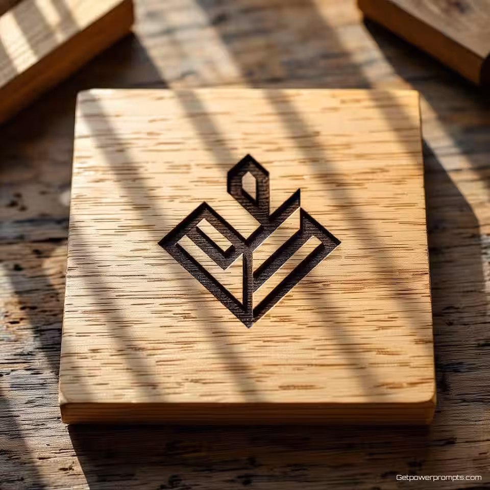 Minimalistisch geometrisch logo, houtbrand mockup, eikenhout oppervlak, natuurlijke verlichting verlichting, houtwerkplaats achtergrond achtergrond, gedetailleerde houtnervatuur, realistische brandmerken, professionele branding presentatie, gecentreerde compositie, scherpe focus, natuurlijk materiaal showcase