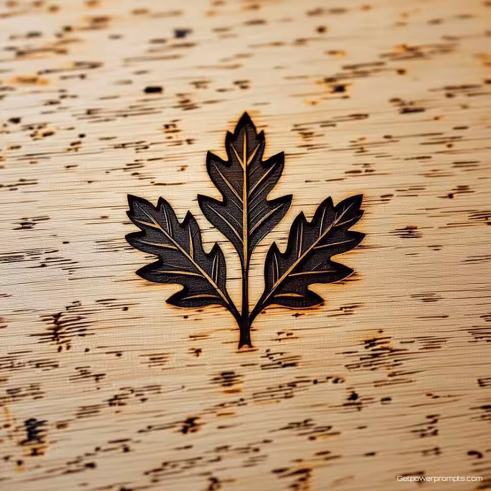 Natuur-geïnspireerd logo met bladeren, houtbrand mockup, eikenhout oppervlak, natuurlijke verlichting verlichting, houtwerkplaats achtergrond achtergrond, gedetailleerde houtnervatuur, realistische brandmerken, professionele branding presentatie, gecentreerde compositie, scherpe focus, natuurlijk materiaal showcase