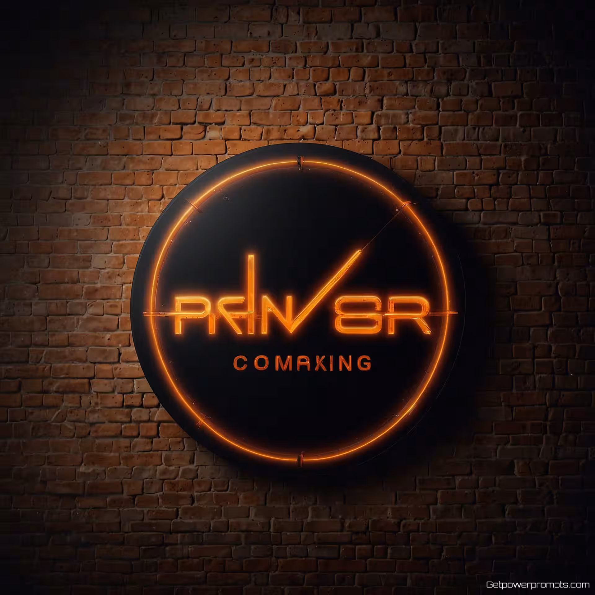 Modern tech bedrijfslogo, neon uithangbord mockup, bakstenen muur oppervlak, cinematografische spotlight verlichting, warm oranje licht gloed, stedelijke omgeving achtergrond, realistische glazen buizen, elektrische bedradingsdetails, professionele branding presentatie, nachtscène sfeer, cinematografische kwaliteit