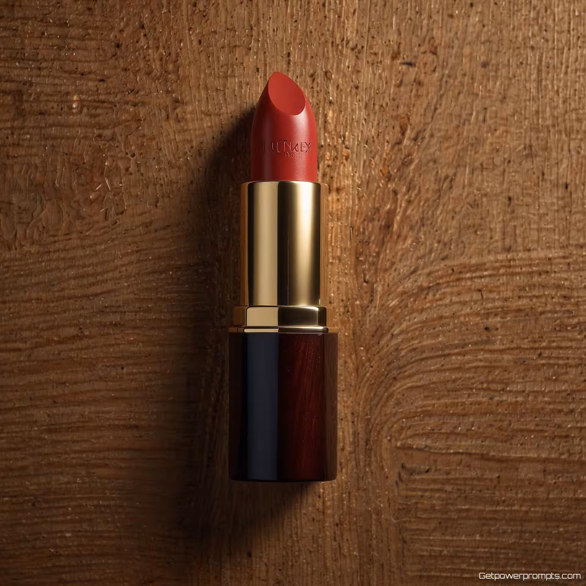 Luxe lippenstift, flat lay fotografie, fotorealistisch stijl, natuurlijke houttextuur achtergrond, professionele studiobelichting verlichting, rustige sfeer sfeer, beautyproduct arrangement, bovenaanzicht perspectief, schone compositie, professionele esthetiek, scherp detail