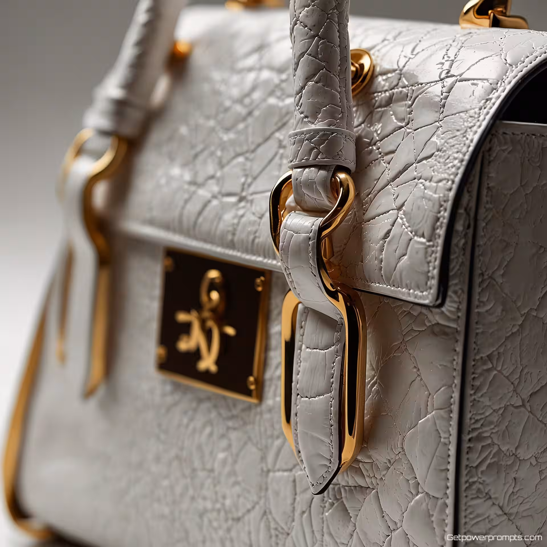Designer handtas, fotorealistisch detailfotografie, dramatische belichting belichting, schone witte achtergrond, macro perspectief, kleine scherptediepte, luxe esthetiek, ingewikkelde details, professionele modefotografie, scherpe focus, redactionele kwaliteit