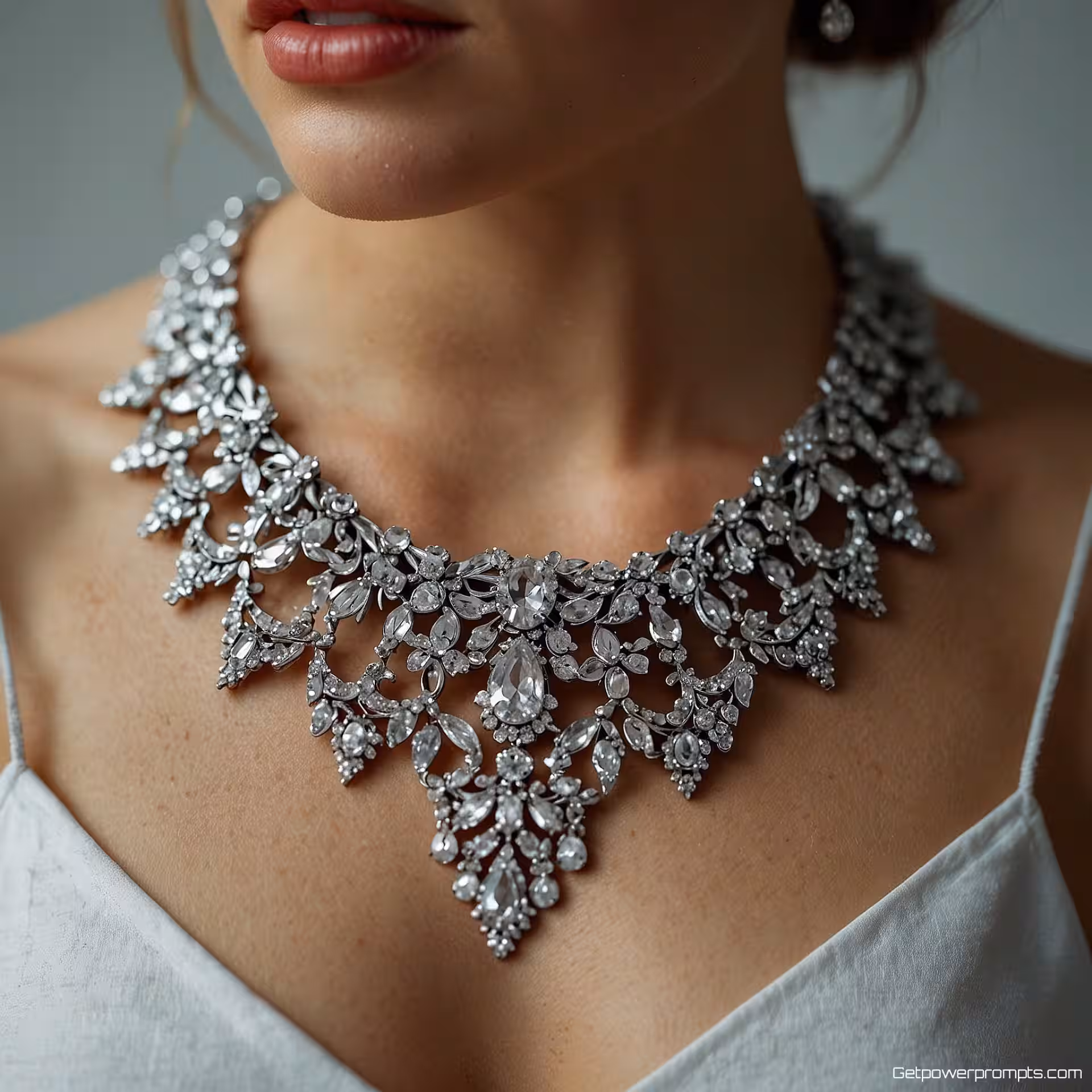 Statement ketting, redactioneel detailfotografie, natuurlijk licht belichting, schone witte achtergrond, macro perspectief, kleine scherptediepte, luxe esthetiek, ingewikkelde details, professionele modefotografie, scherpe focus, redactionele kwaliteit