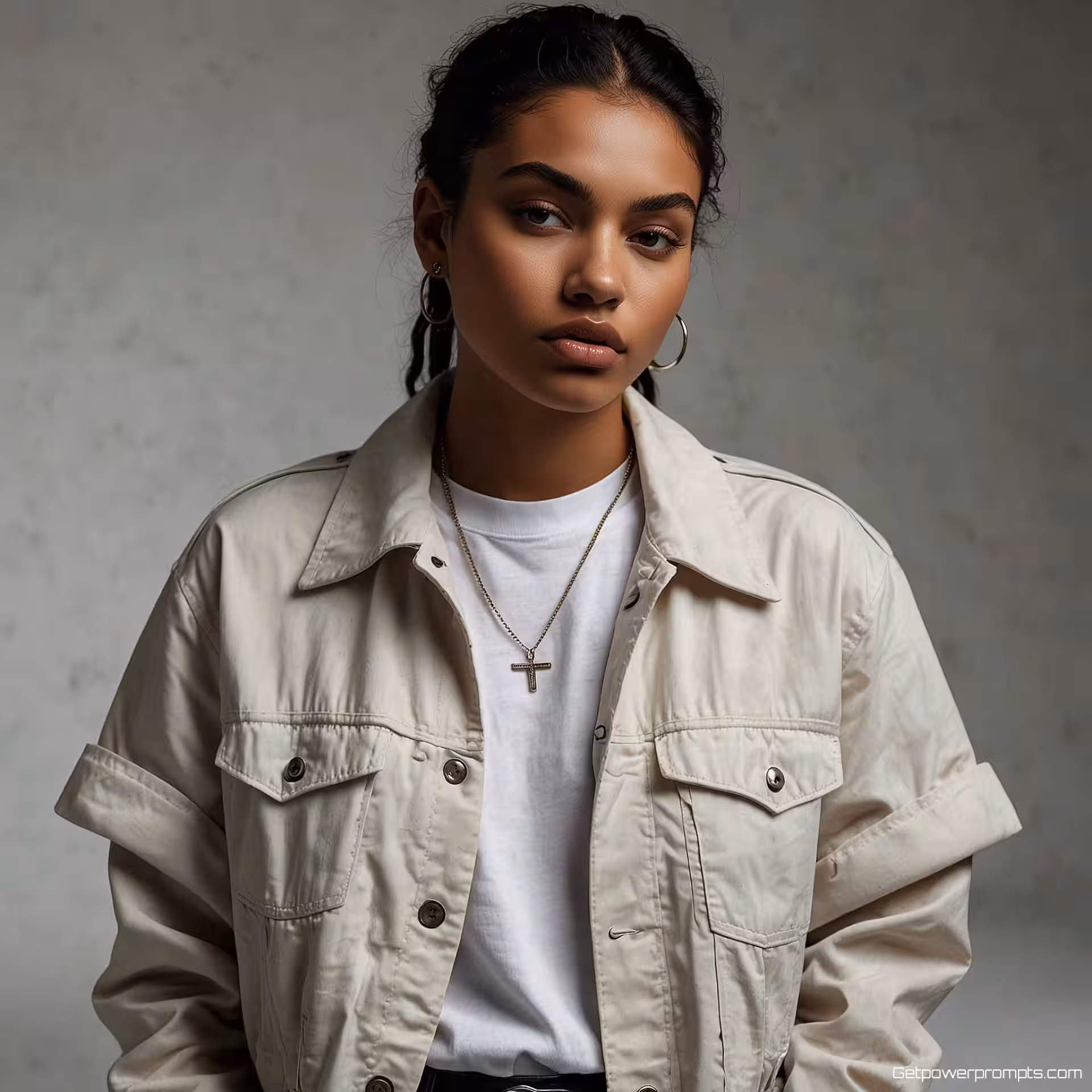 Casual streetwear outfit, redactionele lookboekfotografie, stoer stedelijk sfeer, studiobelichting belichting, studio witte achtergrond achtergrond, driekwart shot perspectief, mode styling, professioneel model, hoogwaardige esthetiek, tijdschriftkwaliteit, gestileerde compositie, mode redactioneel