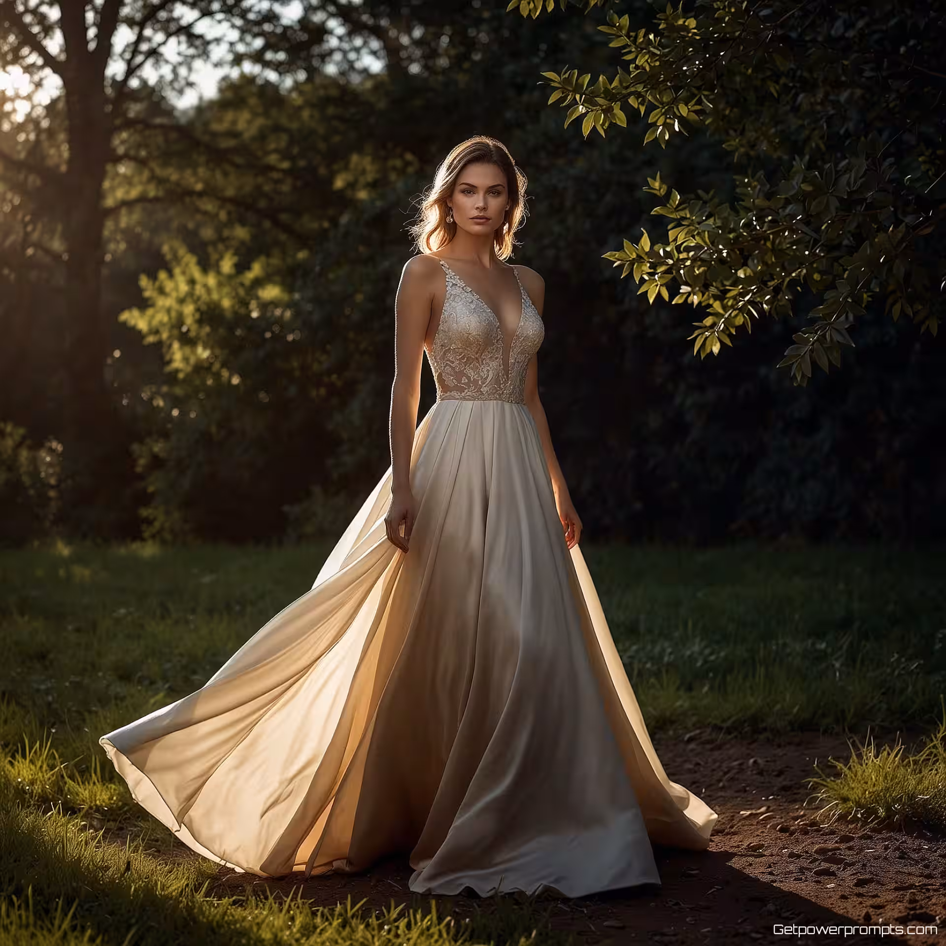 Elegante avondjurk, redactionele lookboekfotografie, romantisch sfeer, dramatische schaduw belichting belichting, natuurlijke buitenachtergrond achtergrond, volledig lichaam shot perspectief, mode styling, professioneel model, hoogwaardige esthetiek, tijdschriftkwaliteit, gestileerde compositie, mode redactioneel