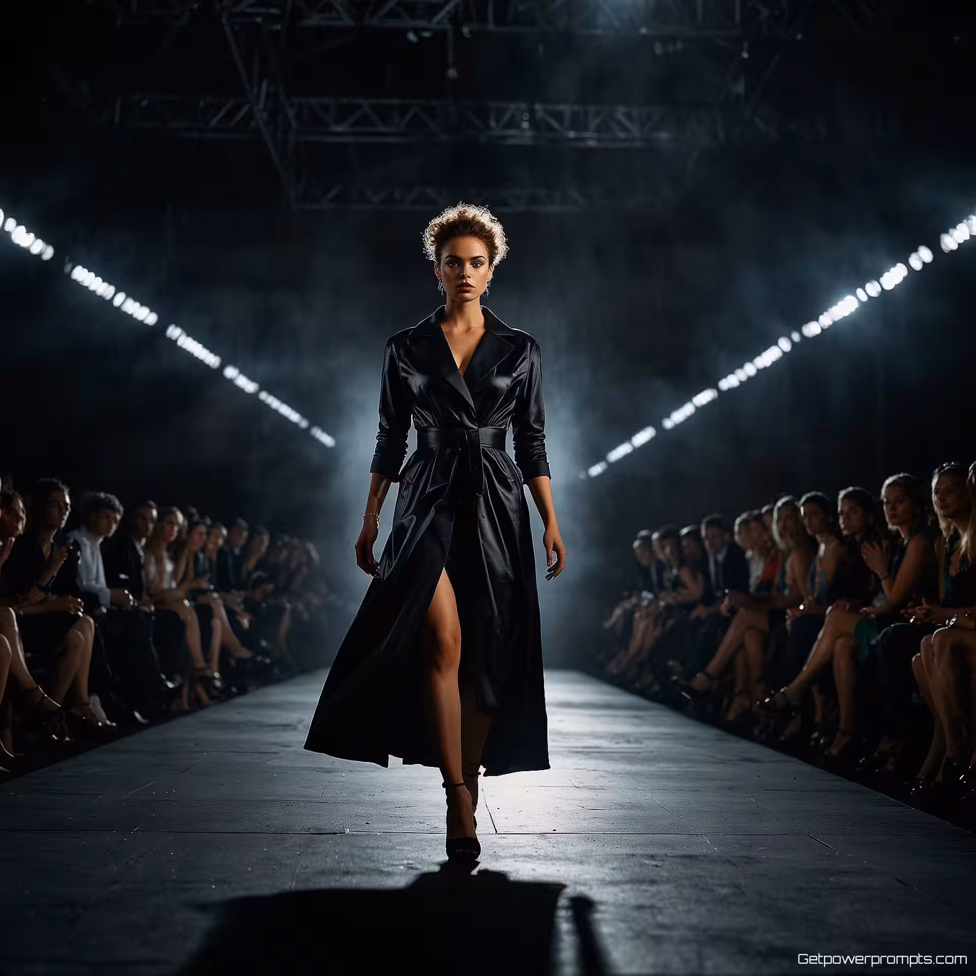 Dramatische draai, catwalk modefotografie, dramatisch sfeer, spotlight verlichting, donker podium achtergrond, close-up perspectief, dynamische beweging, redactionele esthetiek, professionele modeshow, catwalk moment, dramatische schaduwen, haute couture kwaliteit