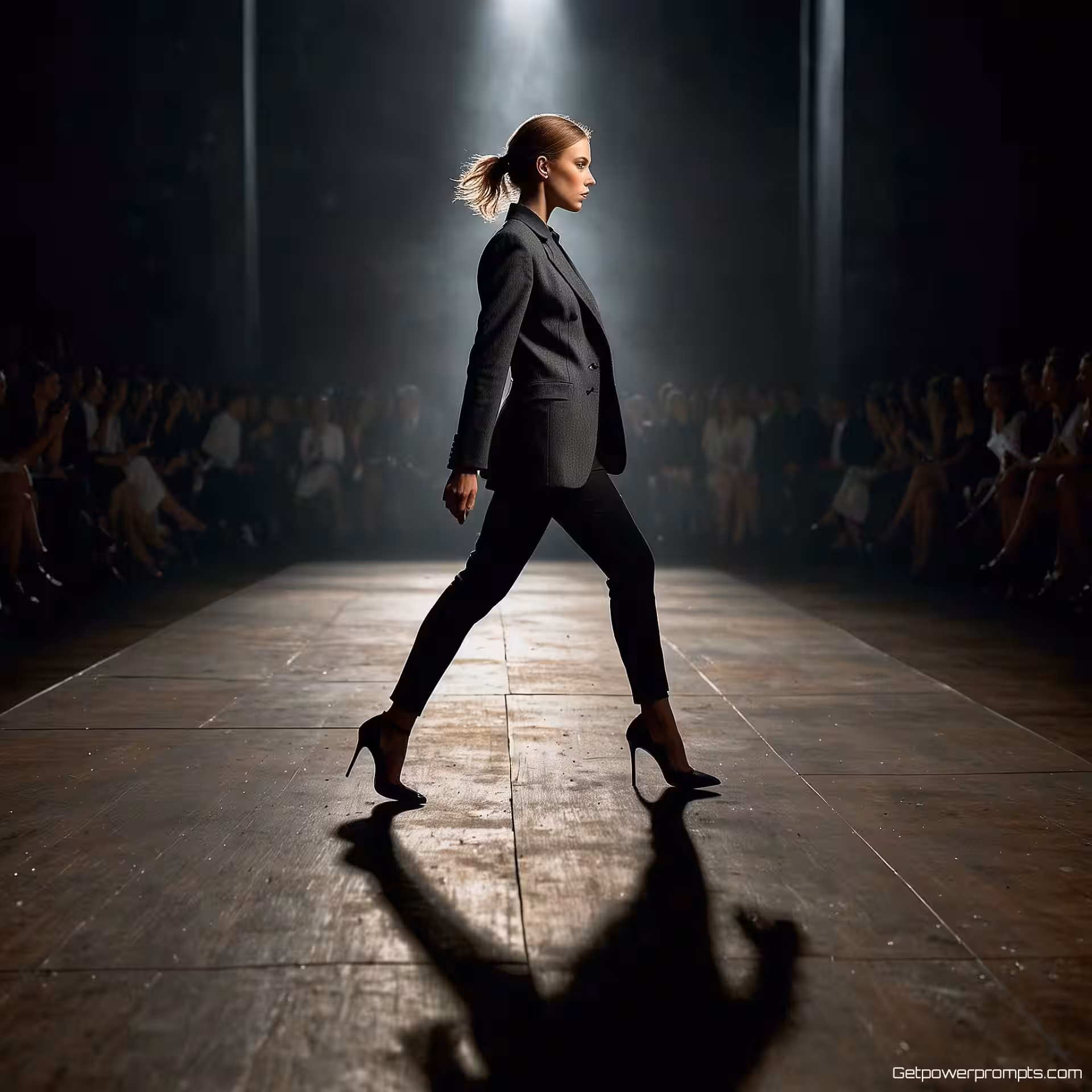 Zelfverzekerde pas, catwalk modefotografie, dramatisch sfeer, spotlight verlichting, donker podium achtergrond, close-up perspectief, dynamische beweging, redactionele esthetiek, professionele modeshow, catwalk moment, dramatische schaduwen, haute couture kwaliteit