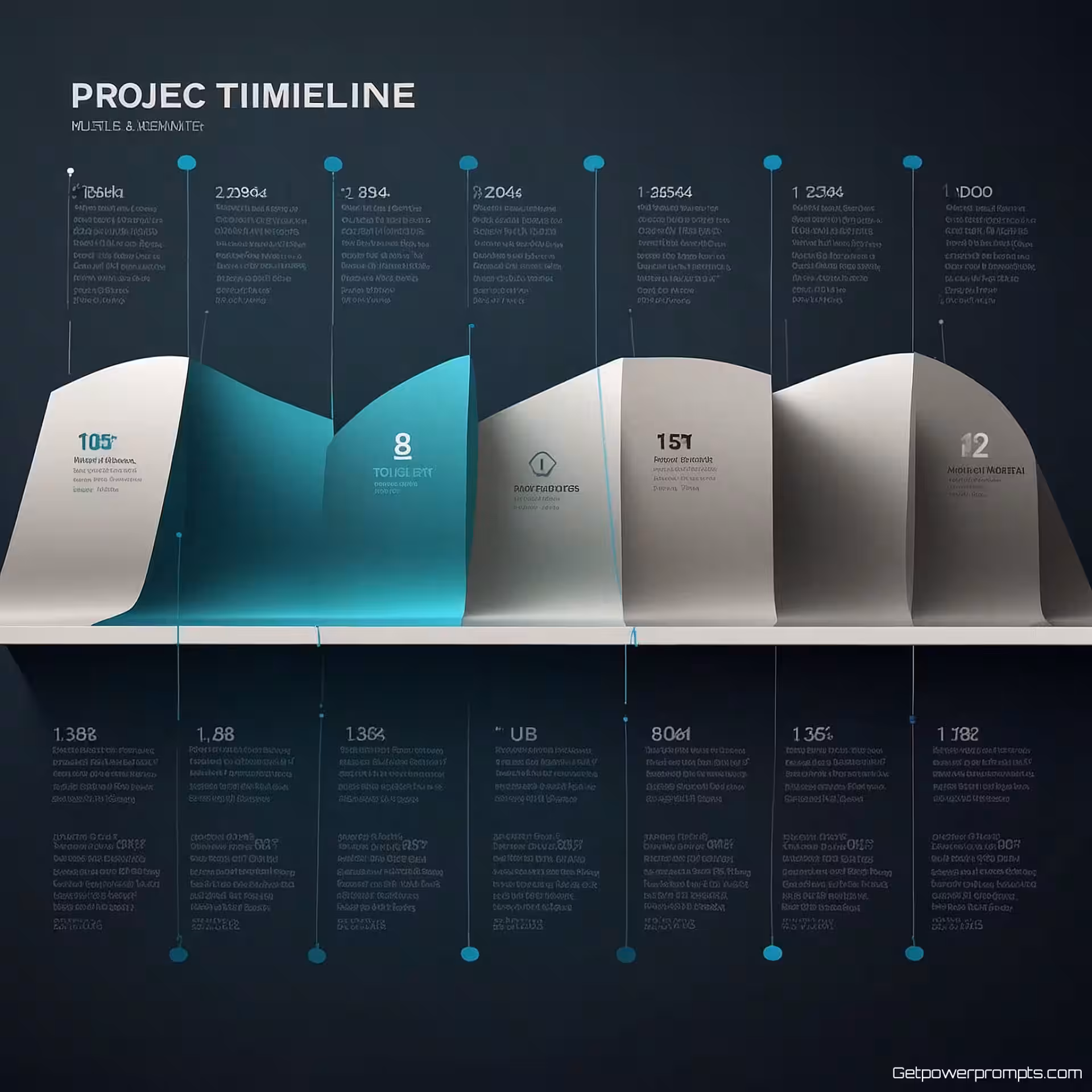 Projecttijdlijn, creatieve illustratie infographic, subtiele textuur achtergrond, zacht omgevingslicht verlichting, levendige kleuren, data visualisatie elementen, schone typografie, professioneel presentatieontwerp, moderne lay-out, scherpe focus