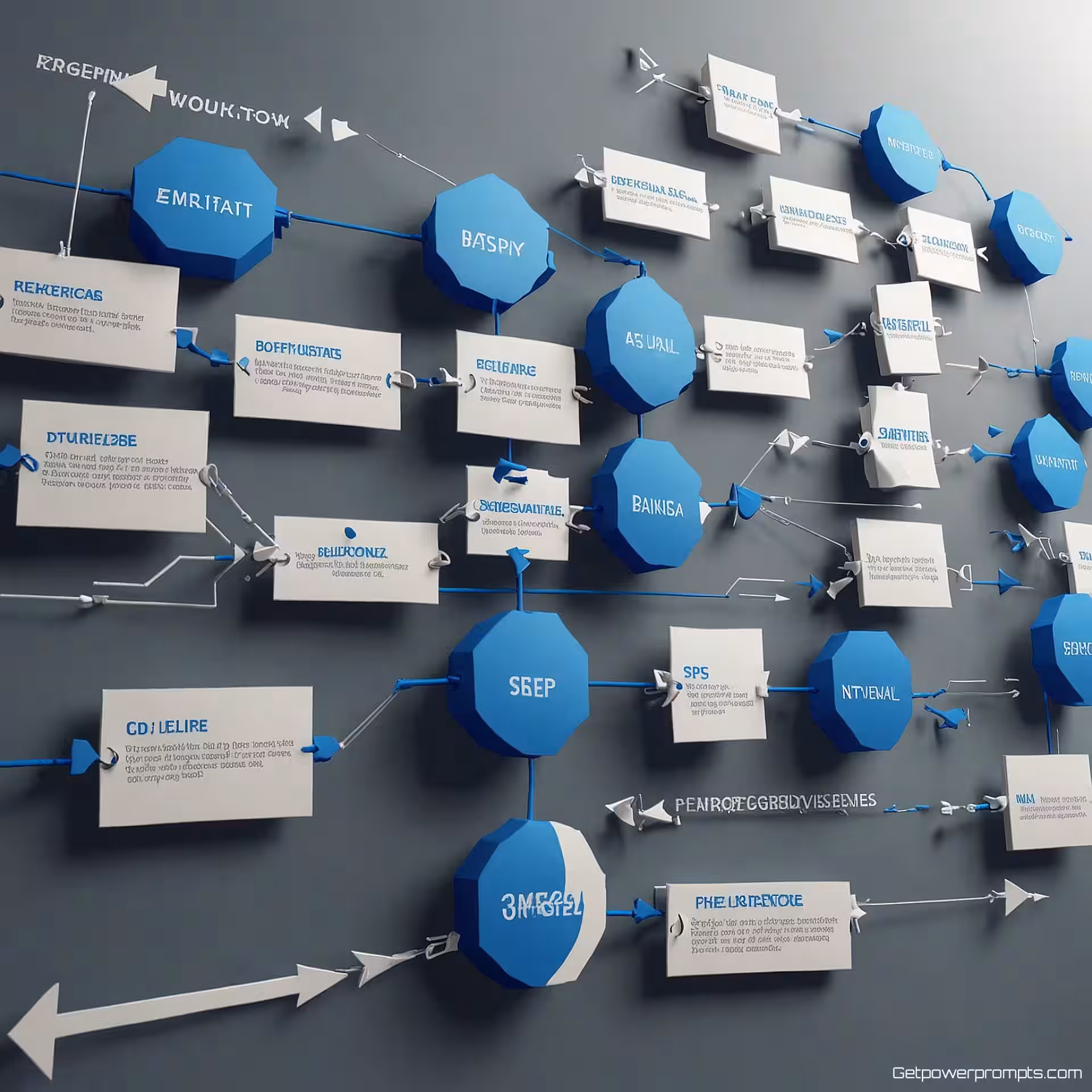 Bedrijfsworkflow proces, 3D render diagram, witte achtergrond achtergrond, zachte verlichting verlichting, zakelijk blauw palet, workflow visualisatie, schone pijlen en verbindingen, professioneel presentatieontwerp, moderne infographic elementen, scherpe focus, zakelijke esthetiek