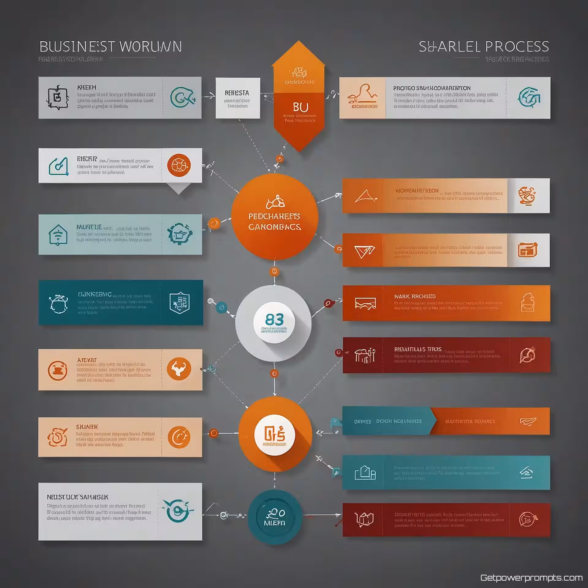 Bedrijfsworkflow proces, flat design diagram, witte achtergrond achtergrond, natuurlijk licht verlichting, warme tinten palet, workflow visualisatie, schone pijlen en verbindingen, professioneel presentatieontwerp, moderne infographic elementen, scherpe focus, zakelijke esthetiek