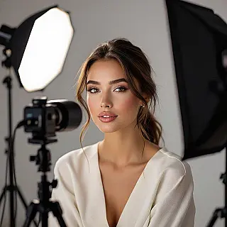 Beauty influencer, authentieke lifestylefotografie, authentiek sfeer, close-up perspectief, zacht natuurlijk licht belichting, minimalistisch thuiskantoor achtergrond, contentcreatieproces, behind-the-scenes esthetiek, oprecht creatief moment, professionele influencerstijl, sociale media authenticiteit