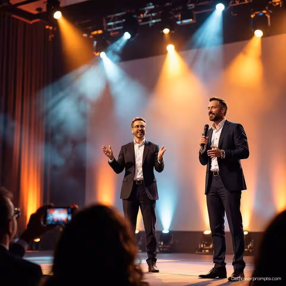 Keynote sprekers op het podium, evenementenfotografie, energieke sfeer, spontane momenten perspectief, natuurlijk licht belichting, gebrandmerkte evenementendekking, authentieke momenten, zakelijke achtergrond achtergrond, professionele evenementendocumentatie, verhalende aanpak