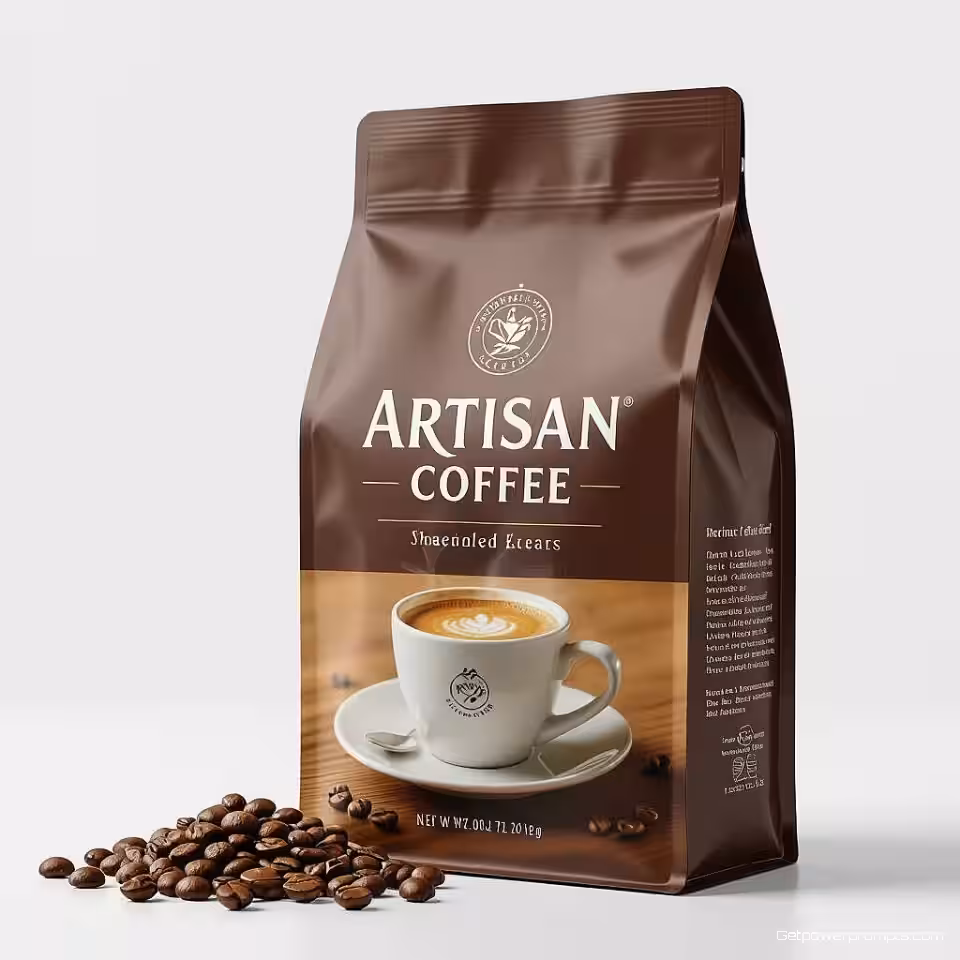 Ambachtelijke koffiezak, fotorealistisch, close-up perspectief, witte studio achtergrond, zacht licht belichting, commerciële verpakkingsontwerp, productpresentatie, pastelkleuren, professionele mockup, winkelklaar uiterlijk