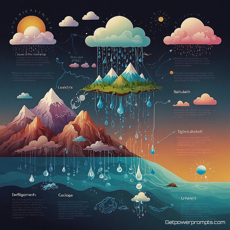 water cycle diagram, educational illustration, scientific illustration, gradient background background, pastel tones, clear visual hierarchy, informative labels, academic aesthetic