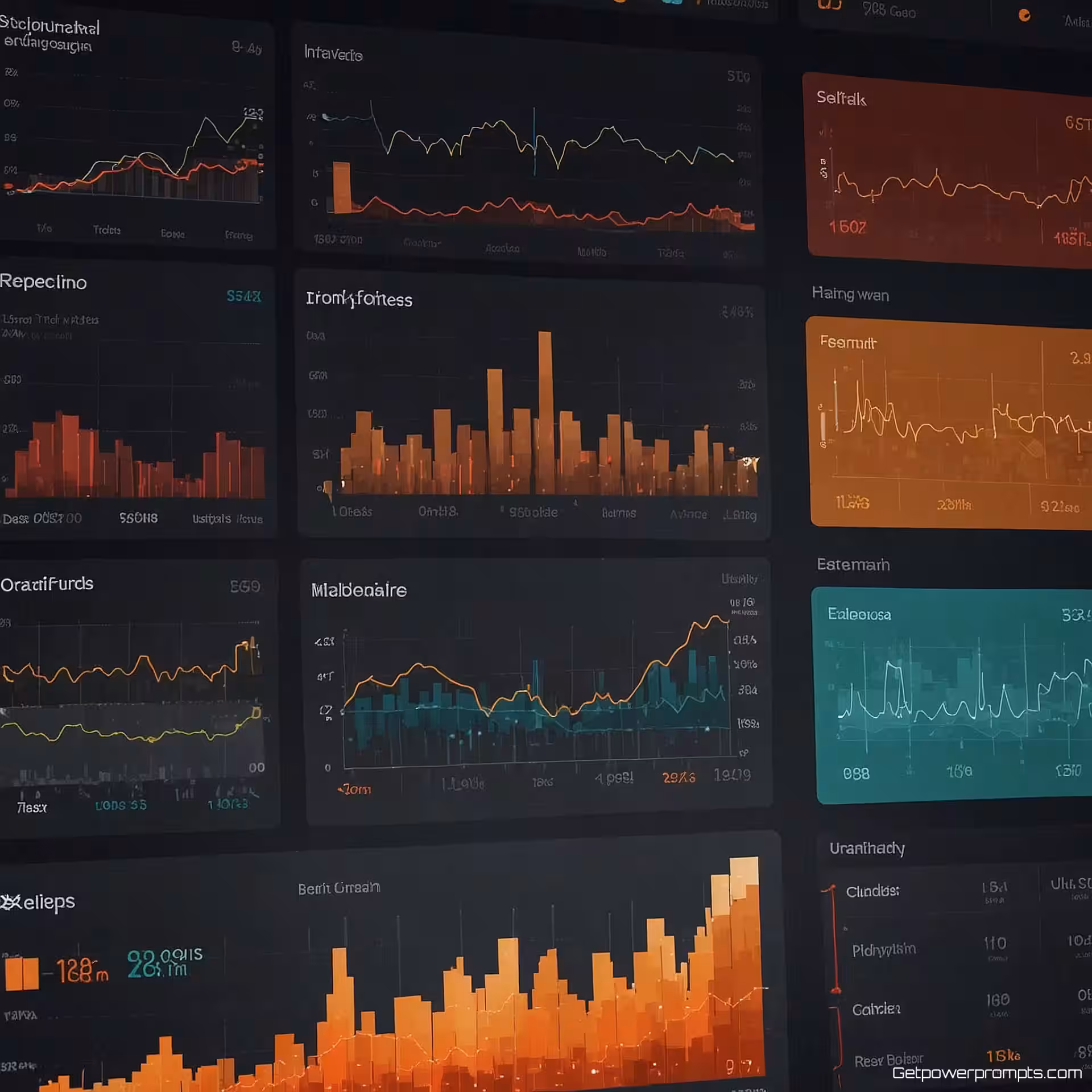 Bedrijfsanalyses dashboard, flat design, warme tinten, raster lay-out lay-out, ambient verlichting, schone UI-ontwerp, modern dashboard, professionele data visualisatie, scherpe focus, effen kleur achtergrond