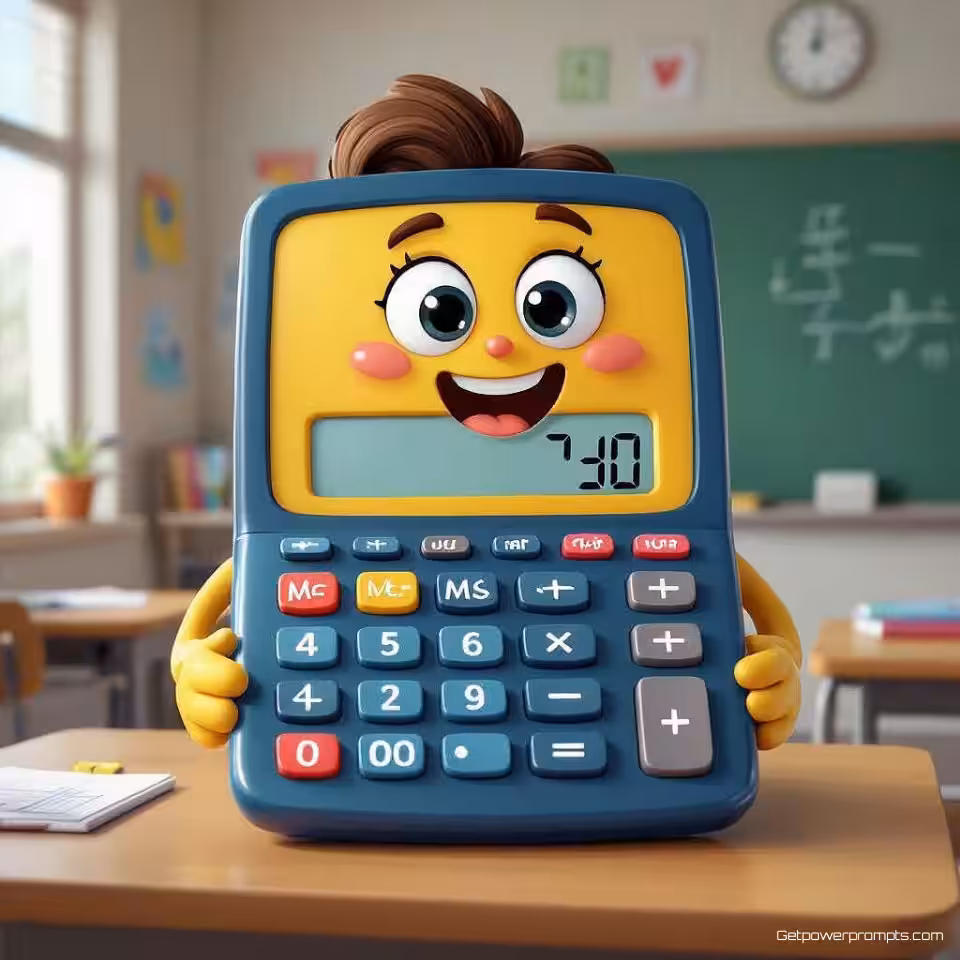 Vriendelijk rekenmachinekarakter, karakterillustratie, cartoon, vriendelijk uitdrukking, heldere kleuren kleurenschema, klaslokaal achtergrond, educatieve context, boeiende persoonlijkheid, duidelijke visuele vertelling, kindvriendelijk ontwerp