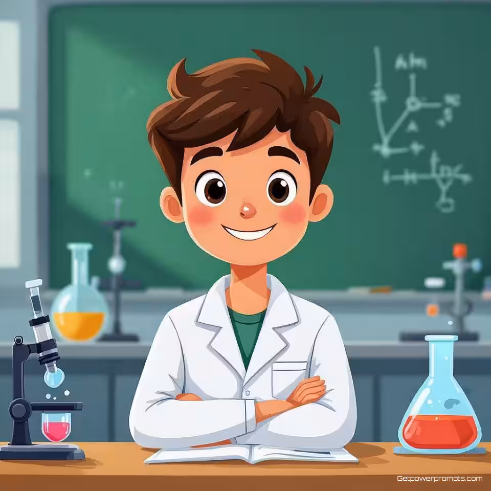Jonge wetenschapper met labjas, karakterillustratie, cartoon, vriendelijk uitdrukking, heldere kleuren kleurenschema, klaslokaal achtergrond, educatieve context, boeiende persoonlijkheid, duidelijke visuele vertelling, kindvriendelijk ontwerp