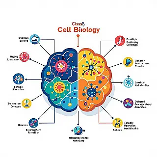Celbiologie, mindmap visualisatie, flat design, levendige kleuren kleurenschema, effen kleur achtergrond, verbonden knooppunten, hiërarchische structuur, duidelijke informatiestroom, educatieve verbindingen, visueel leermiddel, professioneel sfeer, georganiseerde kennisrepresentatie