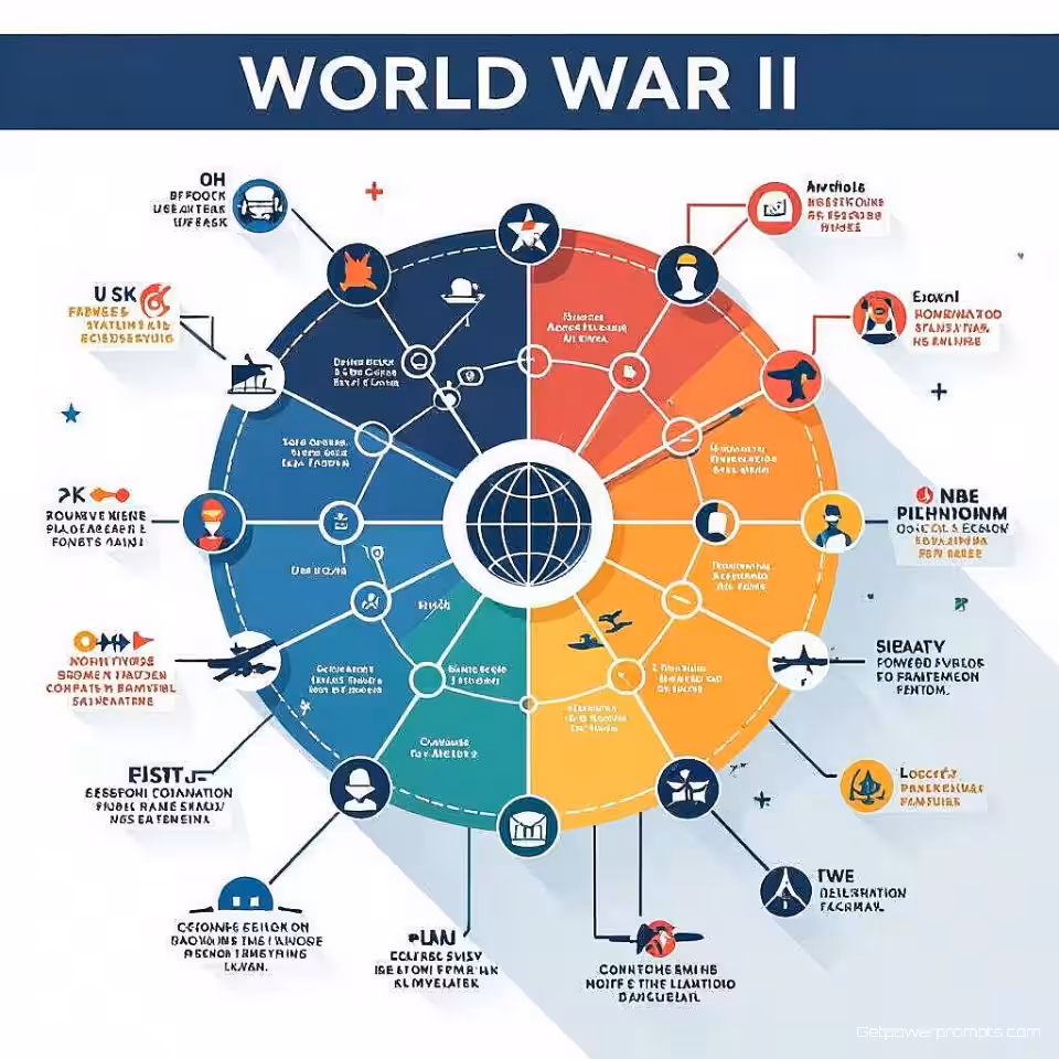 Tweede Wereldoorlog, mindmap visualisatie, flat design, levendige kleuren kleurenschema, effen kleur achtergrond, verbonden knooppunten, hiërarchische structuur, duidelijke informatiestroom, educatieve verbindingen, visueel leermiddel, professioneel sfeer, georganiseerde kennisrepresentatie