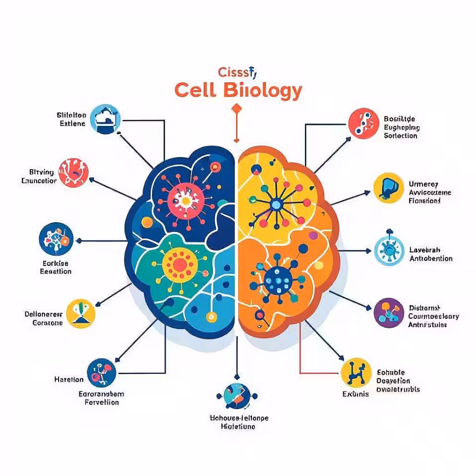 Celbiologie, mindmap visualisatie, flat design, levendige kleuren kleurenschema, effen kleur achtergrond, verbonden knooppunten, hiërarchische structuur, duidelijke informatiestroom, educatieve verbindingen, visueel leermiddel, professioneel sfeer, georganiseerde kennisrepresentatie
