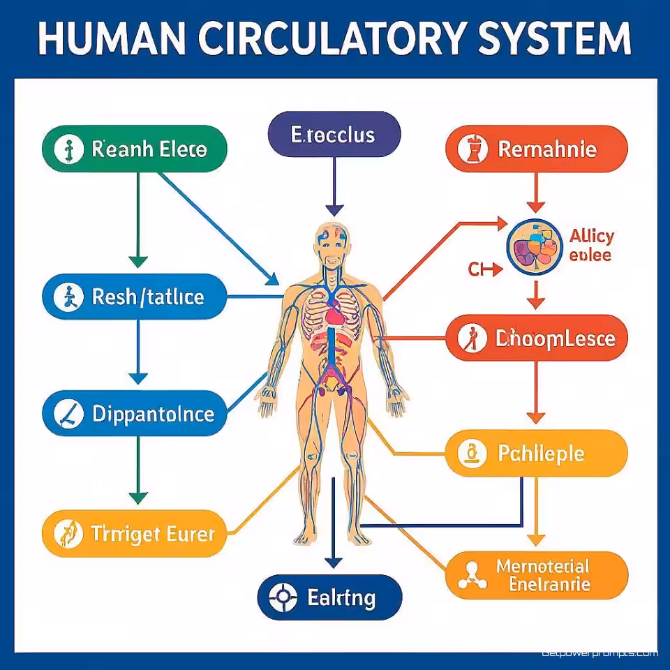Menselijk bloedsomloopstelsel, stapsgewijs diagram, flat illustratie, educatieve kleuren kleurenschema, stroomschema lay-out perspectief, duidelijke visuele stroom, educatieve labels, effen kleur achtergrond, instructieontwerp