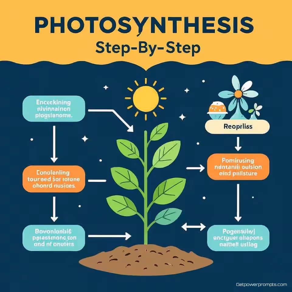 Fotosynthese, stapsgewijs diagram, flat illustratie, educatieve kleuren kleurenschema, stroomschema lay-out perspectief, duidelijke visuele stroom, educatieve labels, effen kleur achtergrond, instructieontwerp
