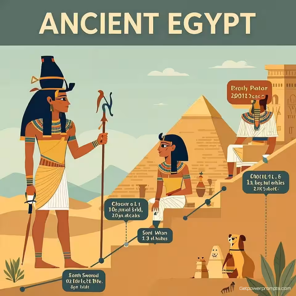 Oud Egypte, educatieve tijdlijnillustratie, flat illustratie, aardetinten kleurenschema, horizontale lay-out perspectief, chronologische stroom, belangrijke mijlpaalmarkeringen, effen kleur achtergrond, duidelijke datumannotaties, visueel verhaal, academische nauwkeurigheid