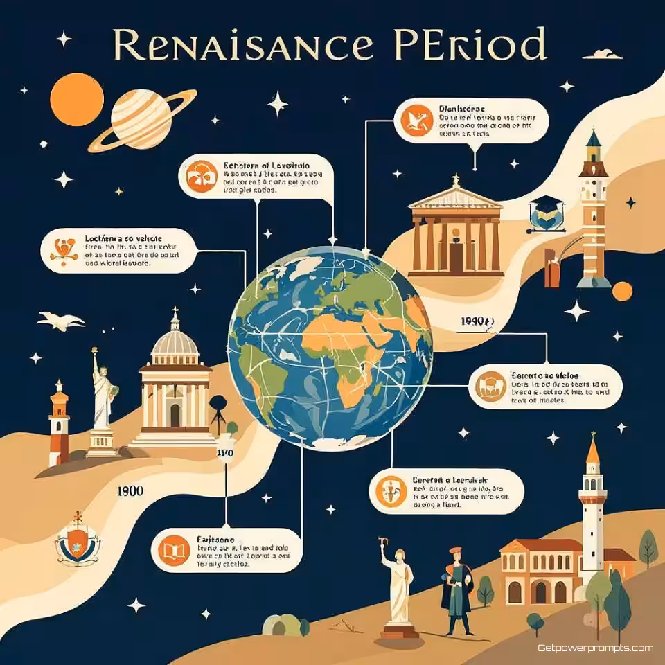 Renaissanceperiode, educatieve tijdlijnillustratie, flat illustratie, aardetinten kleurenschema, horizontale lay-out perspectief, chronologische stroom, belangrijke mijlpaalmarkeringen, effen kleur achtergrond, duidelijke datumannotaties, visueel verhaal, academische nauwkeurigheid
