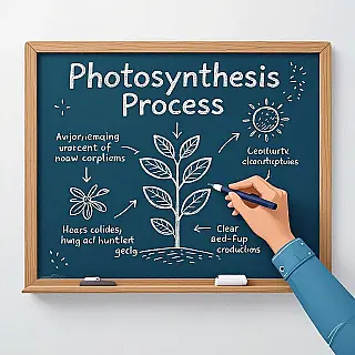 Fotosynthese proces, whiteboard animatie scène, handgetekende schets stijl, monochroom blauw palet kleurenschema, wide shot compositie perspectief, handgetekende elementen, educatieve annotaties, clean whiteboard achtergrond achtergrond, dynamische visuele stroom, instructieontwerp, duidelijke stap-voor-stap voortgang