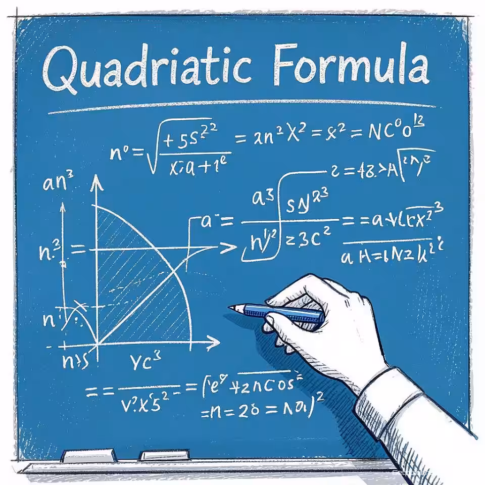 Kwadratische formule, whiteboard animatie scène, handgetekende schets stijl, monochroom blauw palet kleurenschema, wide shot compositie perspectief, handgetekende elementen, educatieve annotaties, clean whiteboard achtergrond achtergrond, dynamische visuele stroom, instructieontwerp, duidelijke stap-voor-stap voortgang