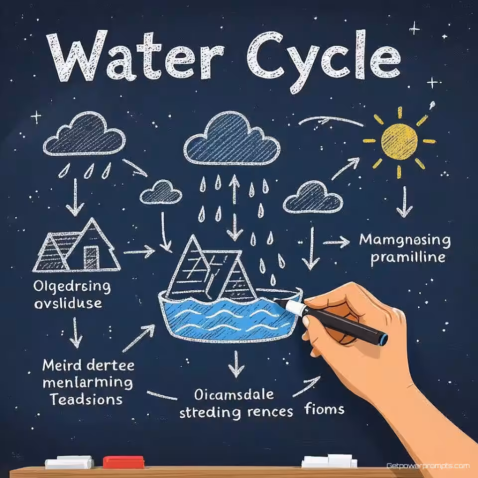 Waterkringloop diagram, whiteboard animatie scène, handgetekende schets stijl, monochroom blauw palet kleurenschema, wide shot compositie perspectief, handgetekende elementen, educatieve annotaties, clean whiteboard achtergrond achtergrond, dynamische visuele stroom, instructieontwerp, duidelijke stap-voor-stap voortgang