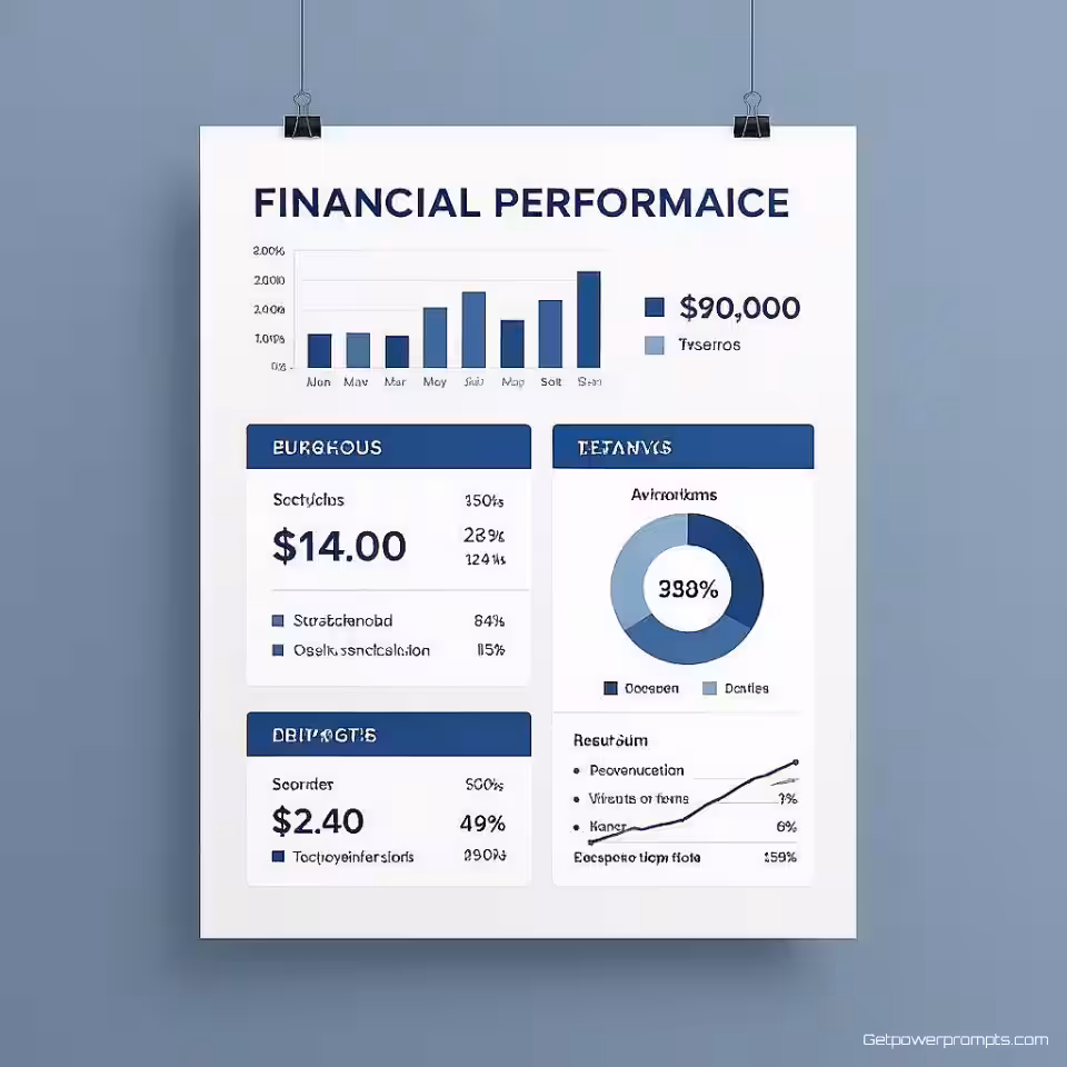 Financiële prestatiemetingen, corporate infographic ontwerp, professioneel blauw en wit kleurenschema, schone witte achtergrond achtergrond, professionele datavisualisatie, schone typografie, moderne zakelijke esthetiek, presentatiestijl voor vergaderzaal, elementen van executive dashboard, strategisch informatieontwerp, professionele lay-out