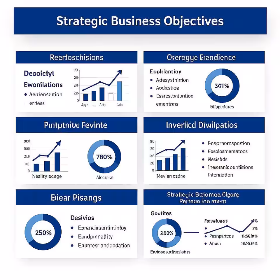 Strategische bedrijfsdoelstellingen, corporate infographic ontwerp, professioneel blauw en wit kleurenschema, schone witte achtergrond achtergrond, professionele datavisualisatie, schone typografie, moderne zakelijke esthetiek, presentatiestijl voor vergaderzaal, elementen van executive dashboard, strategisch informatieontwerp, professionele lay-out