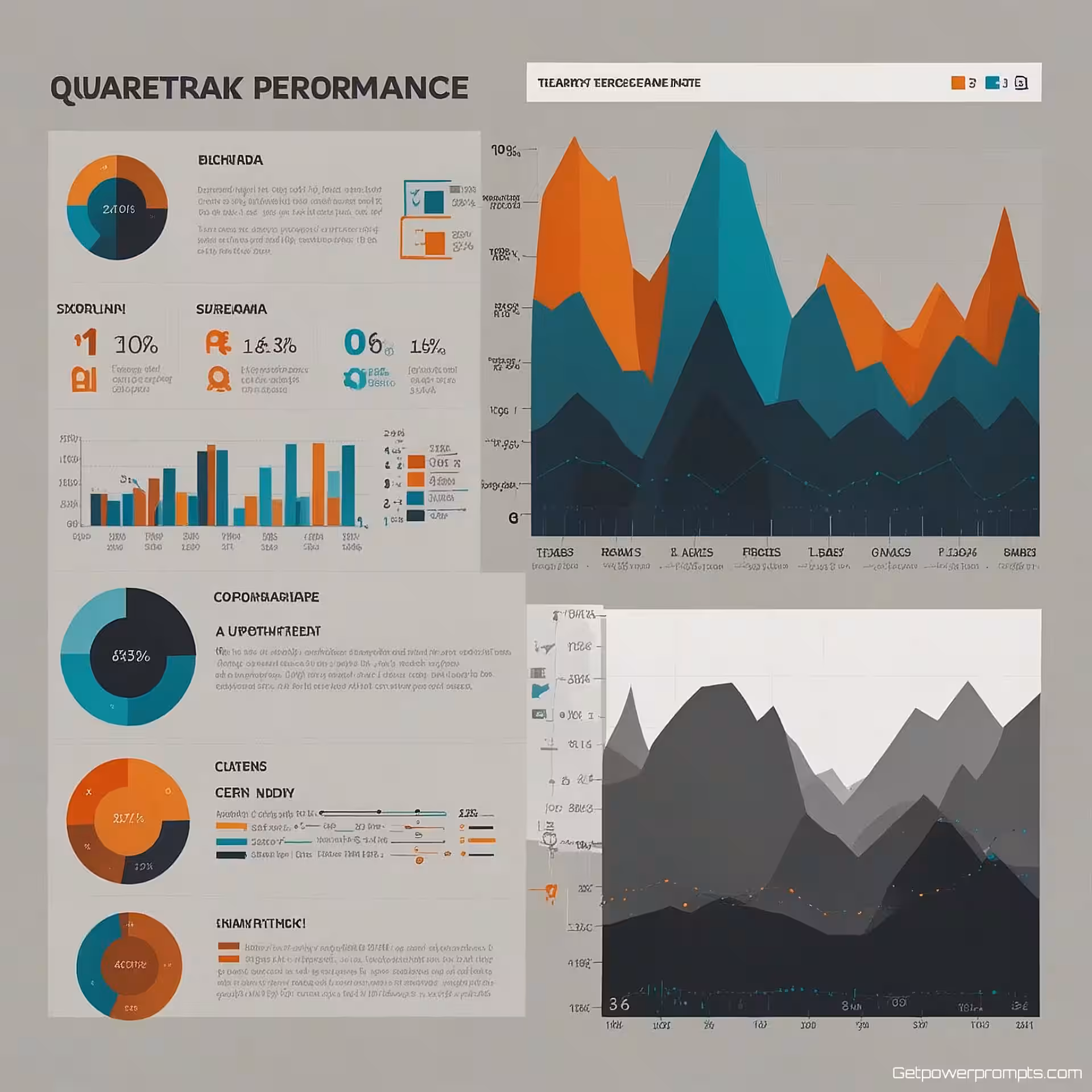 Kwartaalprestatiedata, flat design infographic, monochroom kleurenschema, gecentreerde lay-out lay-out, schone typografie, datavisualisatie-elementen, professioneel ontwerp, transparant achtergrond