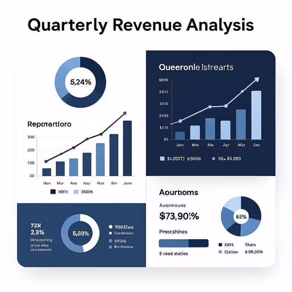 Kwartaalomzetanalyse, minimalistisch infographic ontwerp, Blauwe en grijze tinten kleurenschema, Modulaire rastercompositie lay-out, schone typografie, geometrische datavisualisatie-elementen, Effen gekleurde achtergrond achtergrond, plat ontwerp esthetiek, professionele datapresentatie, negatieve ruimte, moderne informatiedesign