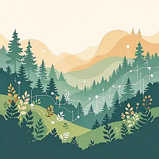 Bosbehouddata, aquarelillustratie infographic ontwerp, aardtinten kleurenschema, organische natuurlijke vormen compositie, textuurachtergrond achtergrond, vloeiende datastromen, botanische illustratie-elementen, zacht natuurlijk licht verlichting, ecologische datavisualisatie, duurzaam ontwerp esthetiek, natuurlijke patronen, milieu-informatieontwerp