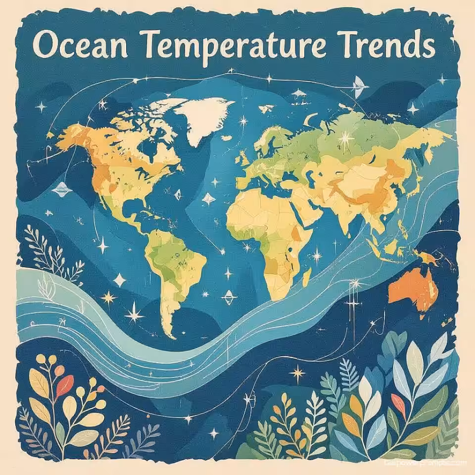 Oceaantemperatuurtrends, aquarelillustratie infographic ontwerp, aardtinten kleurenschema, organische natuurlijke vormen compositie, textuurachtergrond achtergrond, vloeiende datastromen, botanische illustratie-elementen, zacht natuurlijk licht verlichting, ecologische datavisualisatie, duurzaam ontwerp esthetiek, natuurlijke patronen, milieu-informatieontwerp
