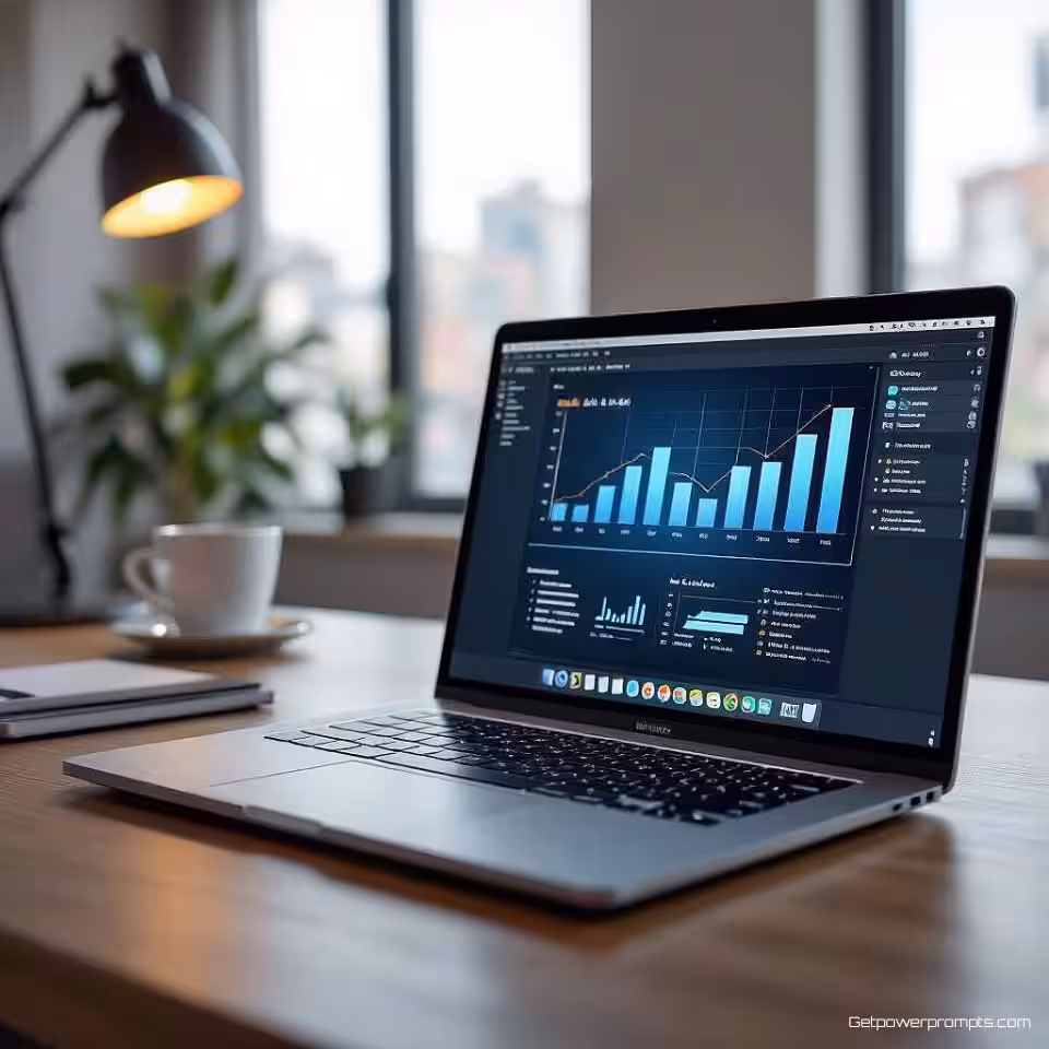 Zakelijke laptop, fotorealistisch mockup, bureau achtergrond, studiolicht verlichting, close-up perspectief, scherm met presentatiedia's, realistische apparaatweergave, professionele zakelijke context, schone esthetiek, moderne technologiepresentatie