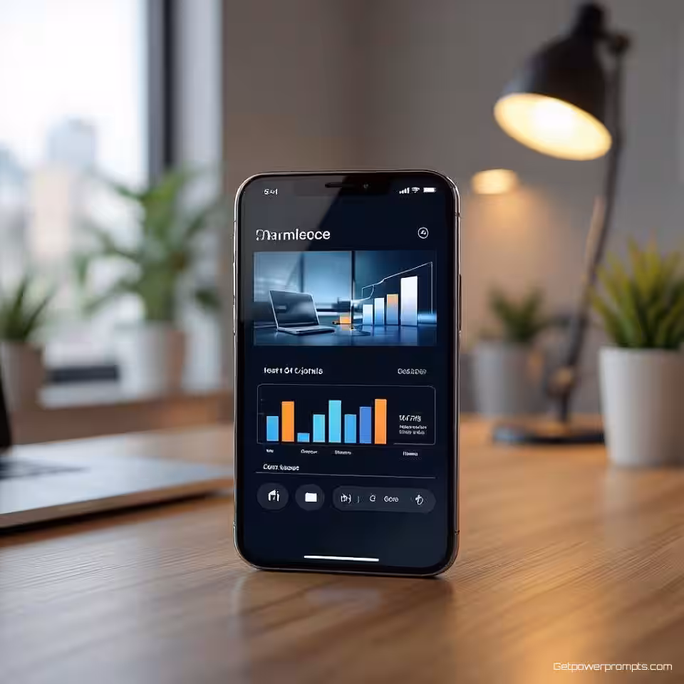 Smartphone, fotorealistisch mockup, bureau achtergrond, studiolicht verlichting, close-up perspectief, scherm met presentatiedia's, realistische apparaatweergave, professionele zakelijke context, schone esthetiek, moderne technologiepresentatie