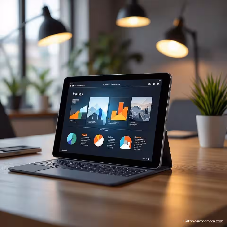 Moderne tablet, fotorealistisch mockup, bureau achtergrond, studiolicht verlichting, close-up perspectief, scherm met presentatiedia's, realistische apparaatweergave, professionele zakelijke context, schone esthetiek, moderne technologiepresentatie